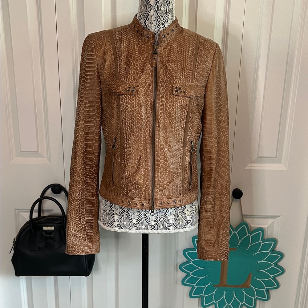 Crisca Brown Embossed Leather Moto Jacket